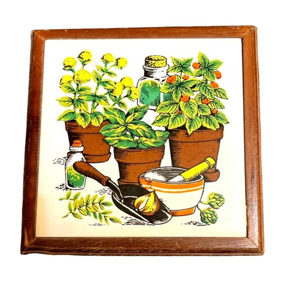 Vtg Wooden Cork Drink Coasters in Wooden Box Ceramic Lid Flowers Planting - Picture 3 of 7